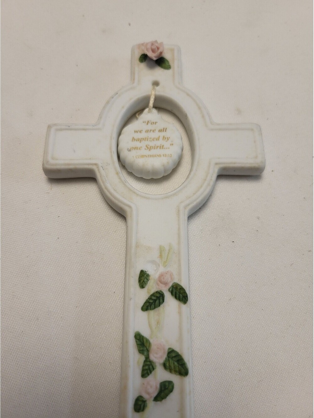 Vintage Porcelain Roman Inc Baptism Cross Wall Hanging with Floral Detail